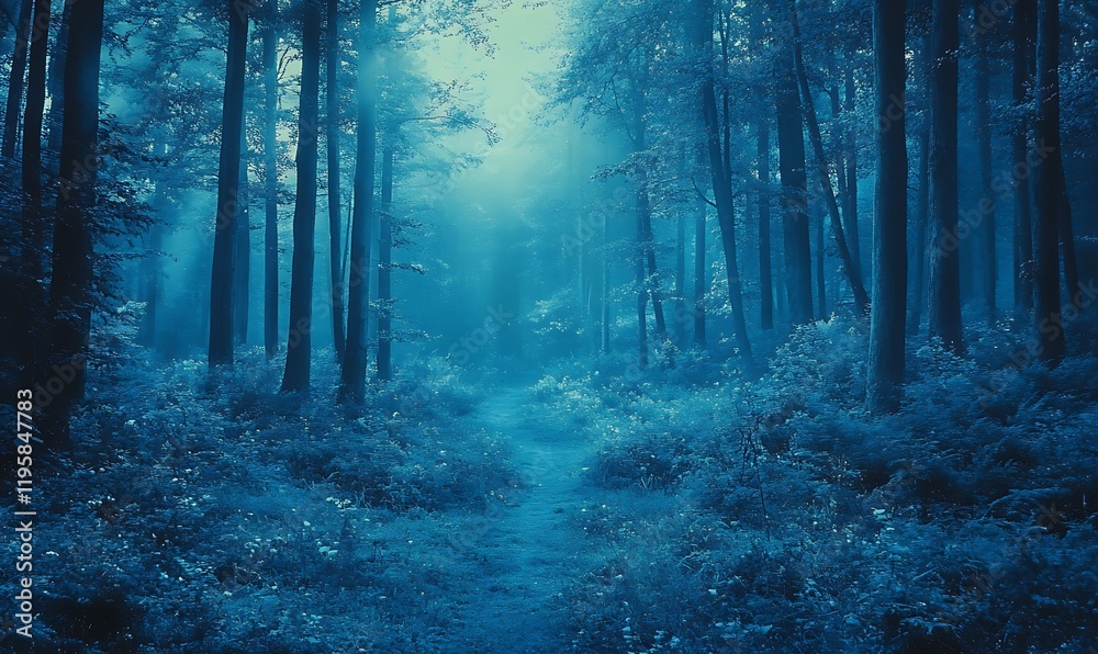 Obraz premium Blue-Tinted Pine Trees in a Dreamy Analog Style with Vintage Film Texture