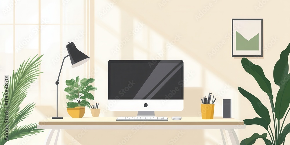 Fototapeta premium A stylish home office features a computer, desk lamp, and various potted plants, illuminated by sunlight streaming through large windows