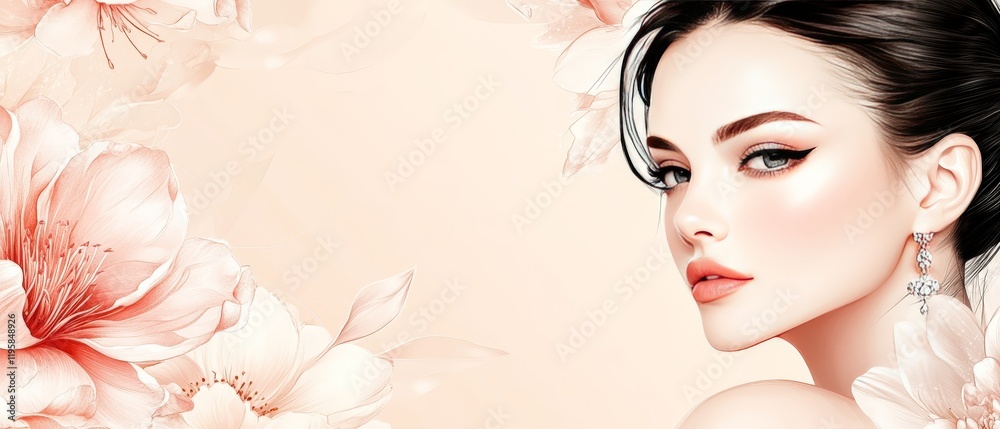 Naklejka premium High fashion portrait of a confident woman with sleek hair and bold makeup captured in an elegant floral backdrop with a sophisticated aesthetic