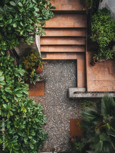 A path of cobblestones through a tropical garden, with lush plants and potted plants on either side. photo