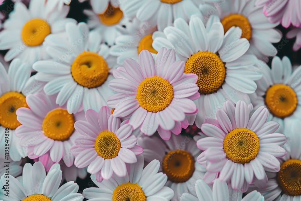 Obraz premium A dense cluster of daisies with yellow centers, in focus on a soft blurred background