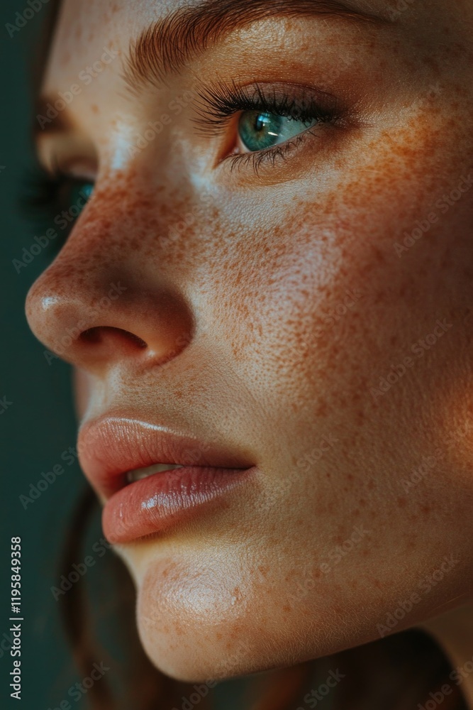 Fototapeta premium The portrait of a young woman with freckles, showcasing her facial features and the perfection of her skin.