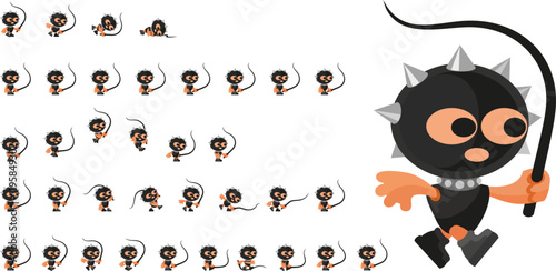 PrintCartoon character, sprite prepared for animation. BDSM character with a whip in his hands, dressed in a latex suit, holding a whip, vector drawing, easy to scale