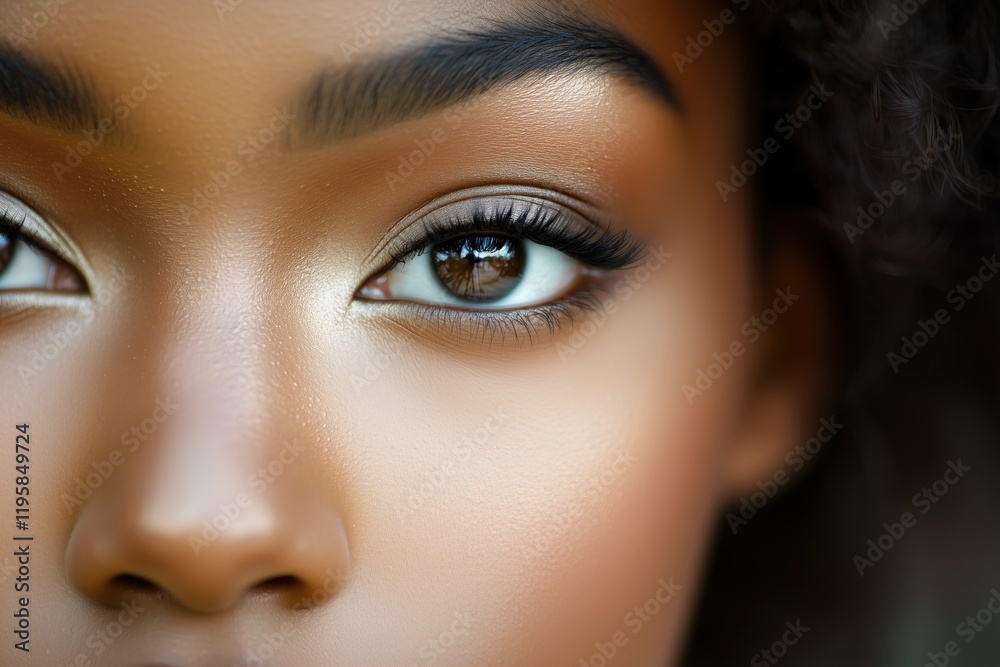 Fototapeta premium Close-up portrait of a beautiful young African American woman with brown eyes and natural makeup. She has white eyeliner and large, expressive eyes. 