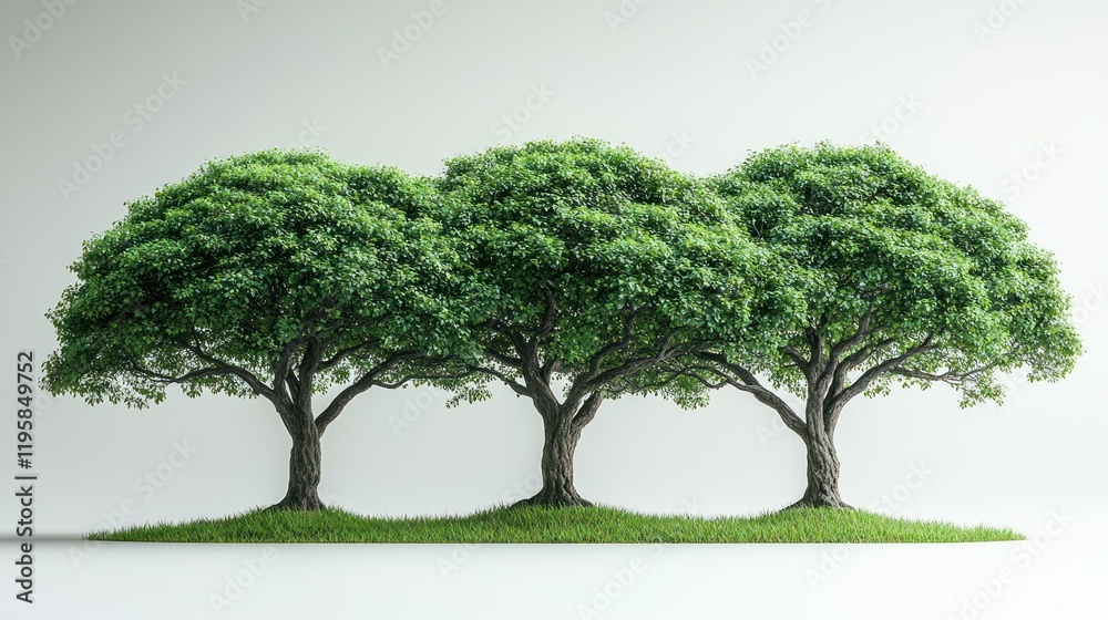 Three Lush Green Trees on a Small Hill, Isolated on White Background. Peaceful Nature Scene. Digital Rendering.