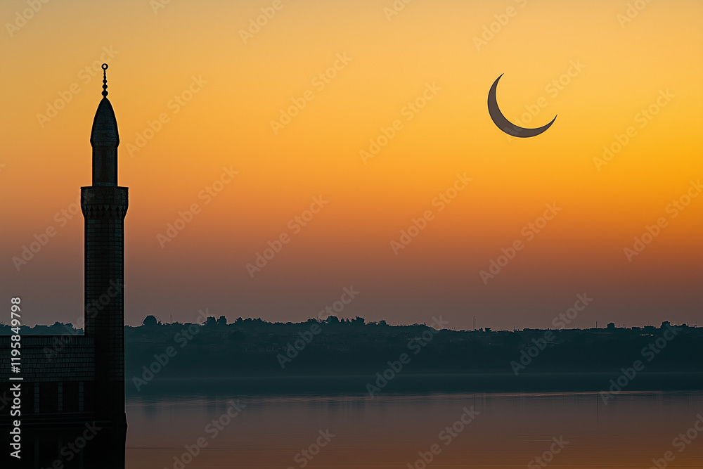Fototapeta premium Minaret silhouette at sunset with crescent moon illuminating orange sky over river