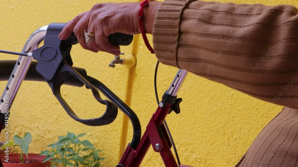 Close-up of hands of seated senior woman holding handle of walker as begins to walk, brake levers, yellow wall in background. Concept of objects to facilitate daily life for people with disabilities Close-up of hands of seated senior woman holding handle of walker as begins to walk, brake levers, yellow wall in background. Concept of objects to facilitate daily life for people with disabilities