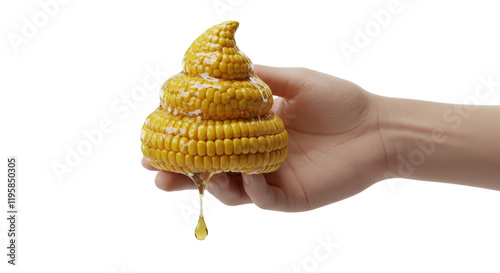 Hand & Fingers holding a piece of corn shaped poop, turd fecal matter, gross feces, isolate transparent png