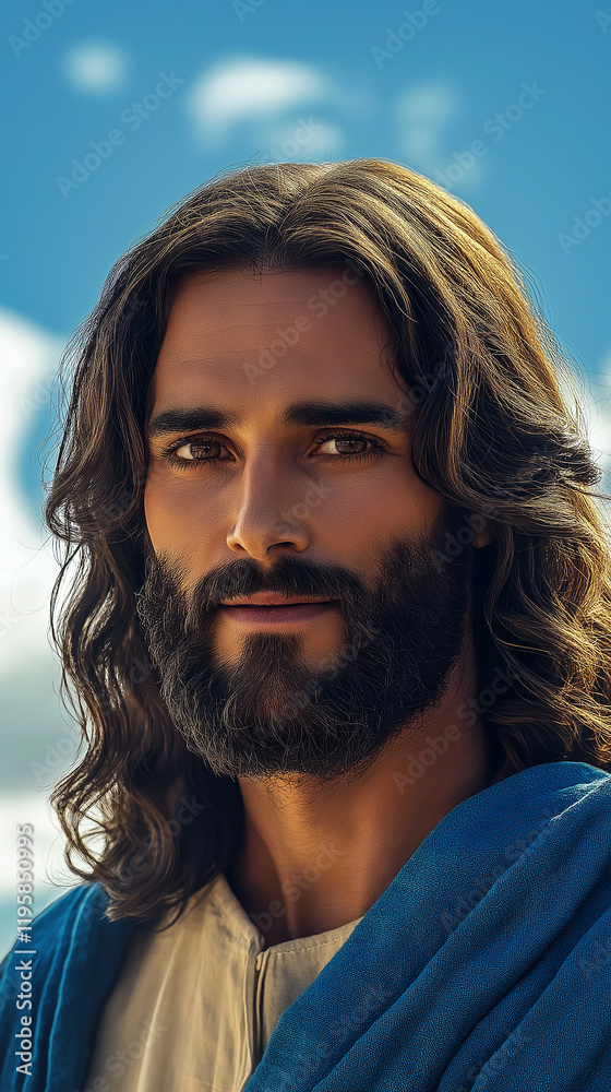 Portrait of jesus christ looking with compassion and serenity under blue sky Portrait of jesus christ looking with compassion and serenity under blue sky