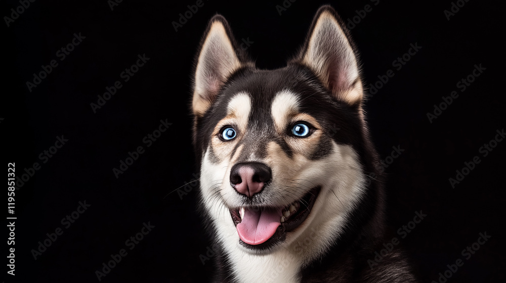 Obraz premium Happy husky dog smiling on black background showing blue eyes and pink tongue