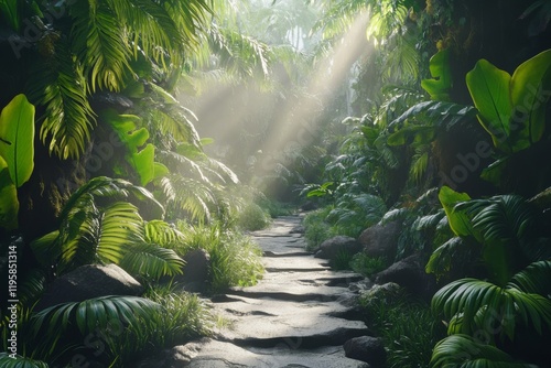 A thick forest with verdant leaves and abundant underbrush photo