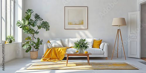 A simple living room with white walls a sofa and coffee table a carpet on the floor green plants in vases a lamp stand a yellow blanket and lightcolored decorative eleme