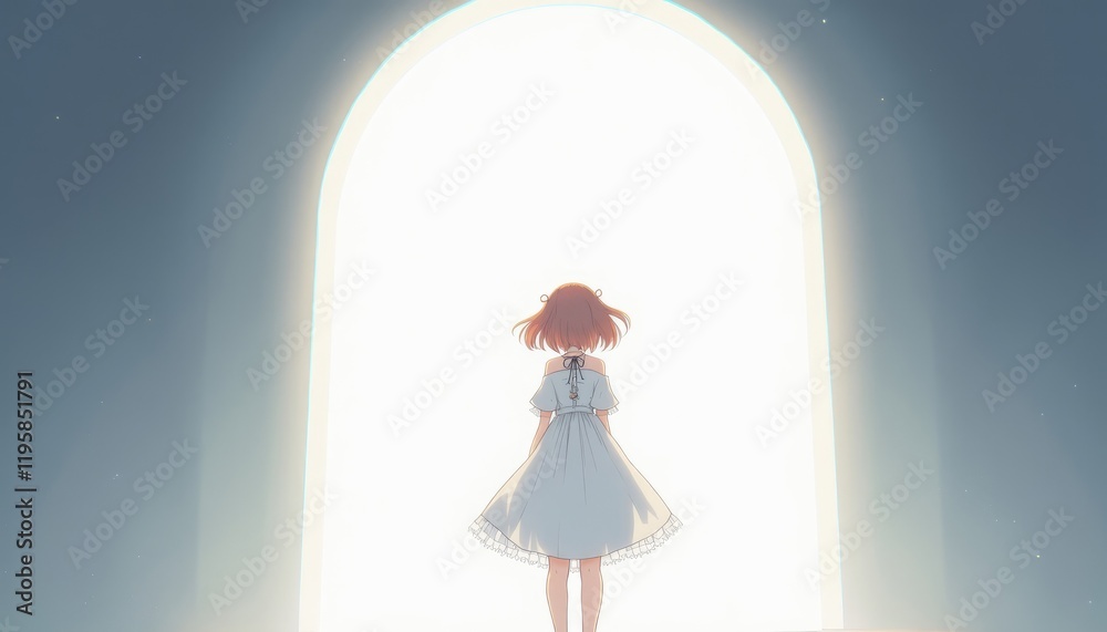 4K HD Wallpaper of An anime girl in a white dress standing under a glowing white archway. Anime Background. HD Backgrounds 4K HD Wallpaper of An anime girl in a white dress standing under a glowing white archway. Anime Background. HD Backgrounds