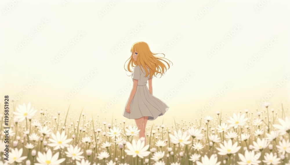 4K HD Wallpaper of An anime girl with golden hair standing in a white field of flowers. Anime Background. HD Backgrounds 4K HD Wallpaper of An anime girl with golden hair standing in a white field of flowers. Anime Background. HD Backgrounds