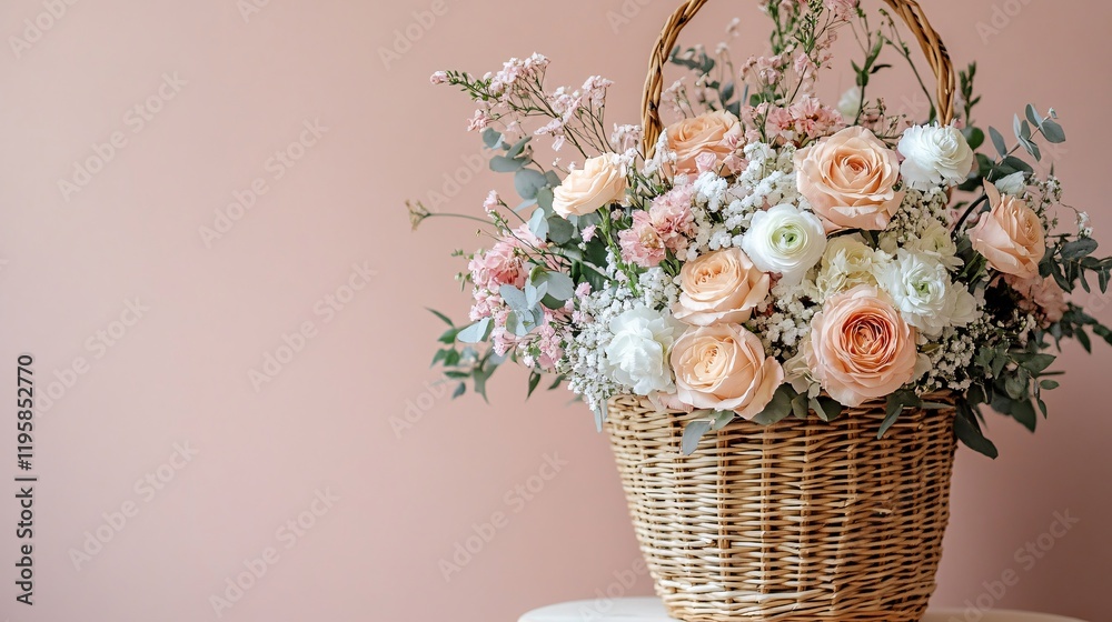 Beautiful floral arrangement in a woven basket against a soft pastel background