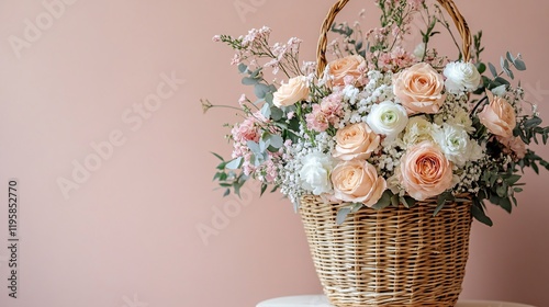 Obraz na płótnie Beautiful floral arrangement in a woven basket against a soft pastel background w salonie