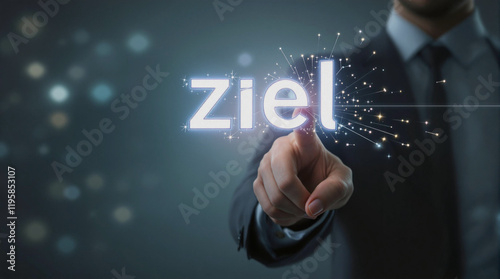 Hand eines Geschäftsmannes drückt auf eine virtuelle Schaltfläche mit der Aufschrift 'Ziel' auf einem elektronischen Display – Konzept für Erfolg und Innovation photo