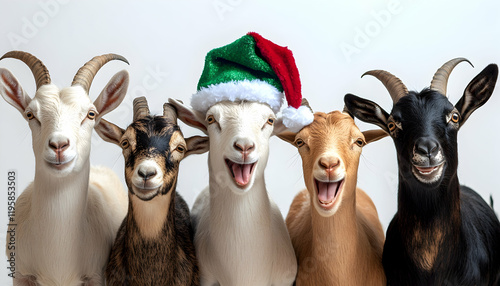 Merry goat in a green Santa hat singing carols with other goats on a white background