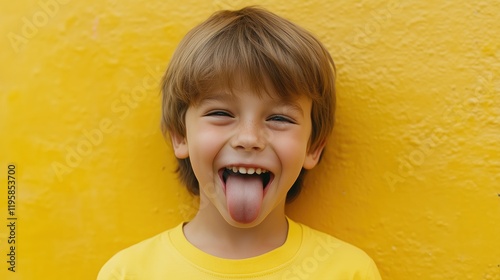 Standing against a neutral backdrop, a light brown-haired boy in a yellow shirt sticks his tongue out, radiating joy and youthful energy.