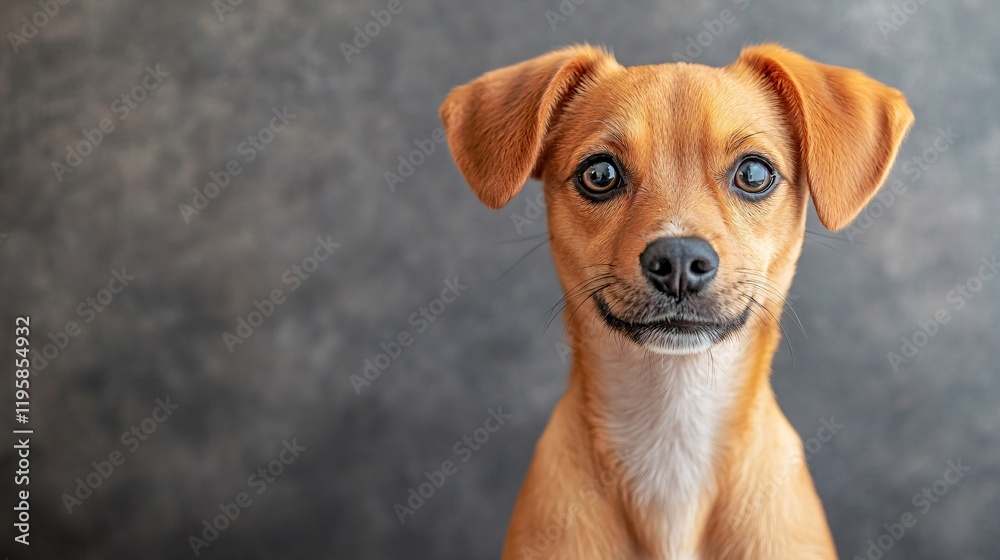 Adorable small dog with bright eyes posing against a dark background in a studio Adorable small dog with bright eyes posing against a dark background in a studio