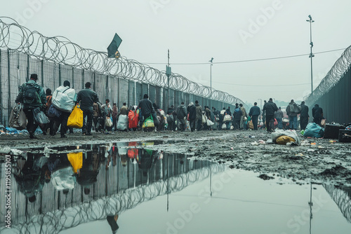 Refugees walking past barbed wire fence photo