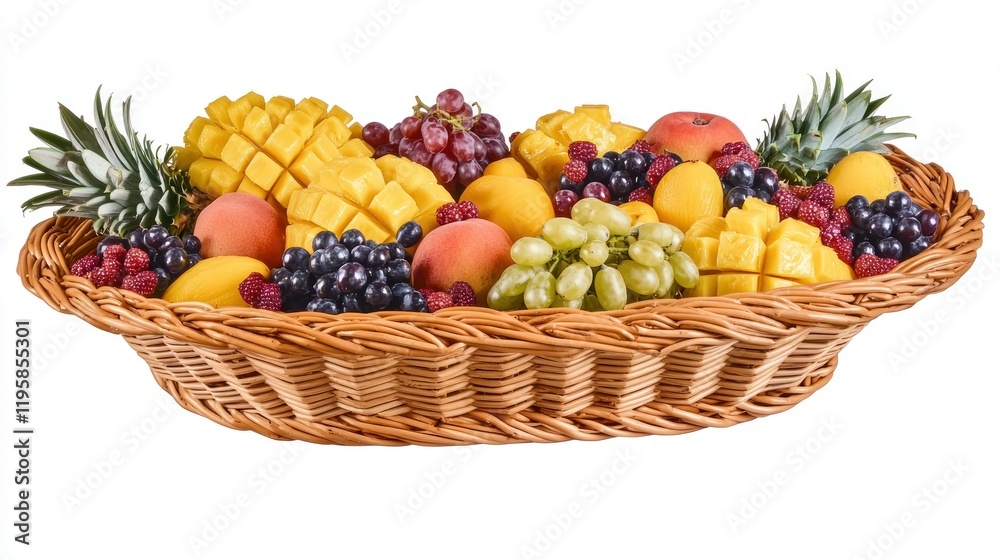 Wicker basket overflowing with fresh tropical fruit on white background, ideal for gift or advertisement Wicker basket overflowing with fresh tropical fruit on white background, ideal for gift or advertisement