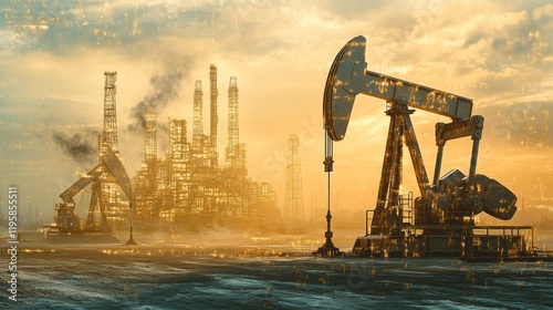 Aerial view of silhouette offshore jack up drilling rig during sunset - oil and gas industry