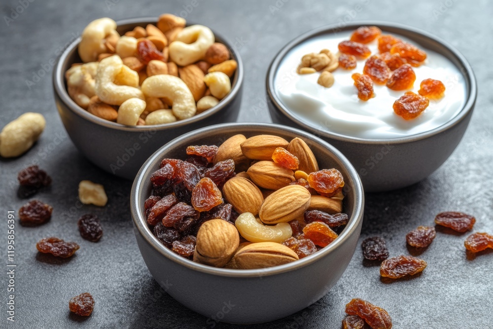 A vibrant display features three bowls filled with various nuts, dried fruits, and creamy yogurt, set against a dark background to enhance the colors and textures A vibrant display features three bowls filled with various nuts, dried fruits, and creamy yogurt, set against a dark background to enhance the colors and textures
