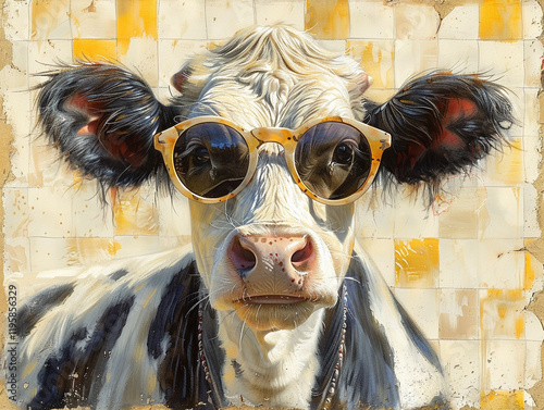 Portrait of the cute cow in  sunglasses Farm cow head, vector illustration. photo