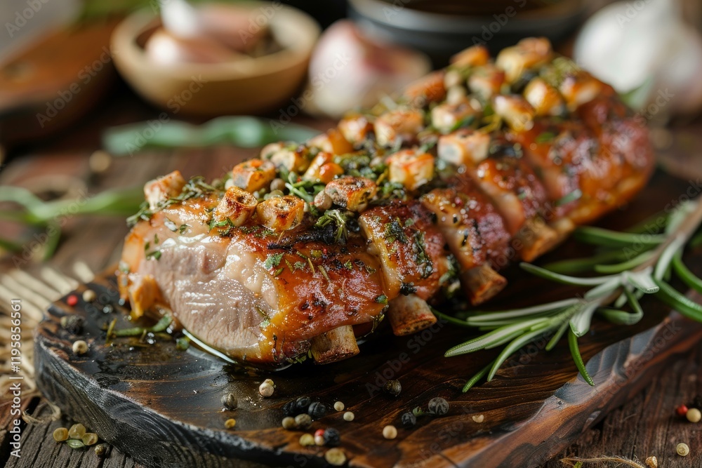 Delicious seasoned and roasted pork ribs with garlic and herbs presented on wooden cutting board, creating a rustic culinary scene Delicious seasoned and roasted pork ribs with garlic and herbs presented on wooden cutting board, creating a rustic culinary scene
