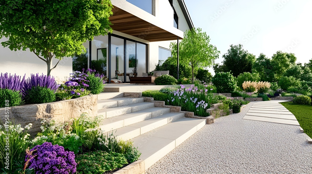 Tiered Backyard Garden with Retaining Walls and Blooming Plants Tiered Backyard Garden with Retaining Walls and Blooming Plants