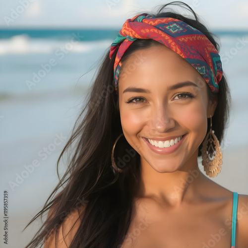 Una linda chica morena, con una brillante sonrisa  y hermoso pelo junto al mar