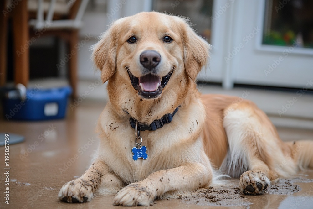 Golden Retriever Smiling on Muddy Floor with Dirty Paws, Indoor Scene
Golden Retriever Smiling on Muddy Floor with Dirty Paws, Indoor Scene