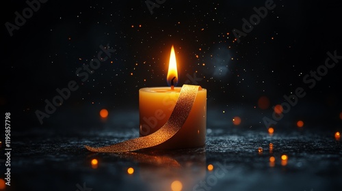 A glowing candle with a shimmering ribbon, surrounded by soft light and floating particles against a dark background