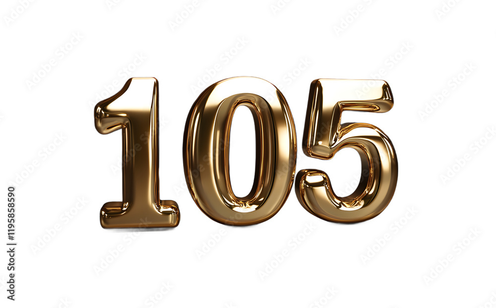 Golden number 105 displayed prominently on a white background for decoration or celebration purposes Golden number 105 displayed prominently on a white background for decoration or celebration purposes