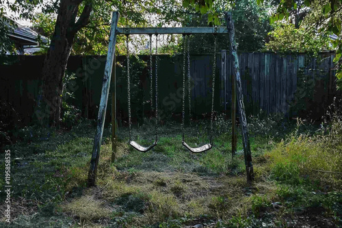 Abandoned swing set in overgrown backyard photo