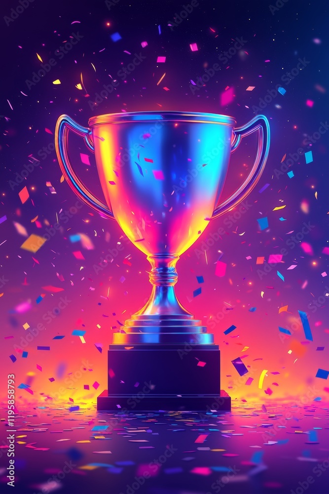 A vibrant, minimalistic illustration of a trophy surrounded by colorful confetti against a gradient background A vibrant, minimalistic illustration of a trophy surrounded by colorful confetti against a gradient background