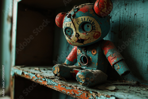 Broken wind-up toy on cracked shelf