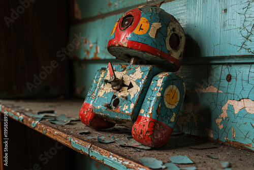 Broken wind-up toy on cracked shelf