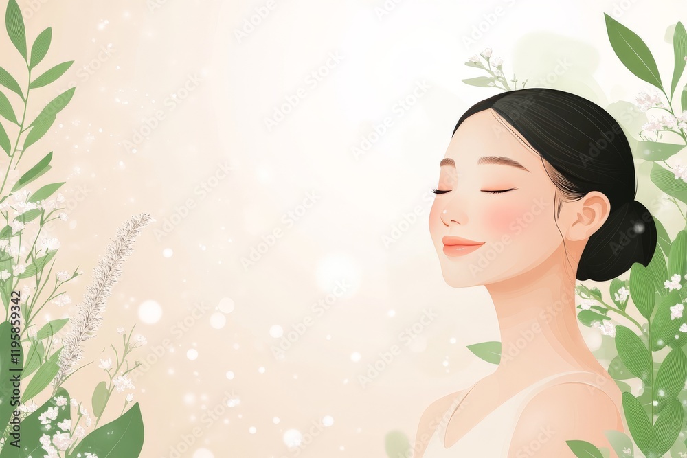 Minimalistic illustration of a serene woman with glowing skin and delicate greenery surrounding her symbolizing natural beauty harmony and eco conscious wellness in soft tones Minimalistic illustration of a serene woman with glowing skin and delicate greenery surrounding her symbolizing natural beauty harmony and eco conscious wellness in soft tones