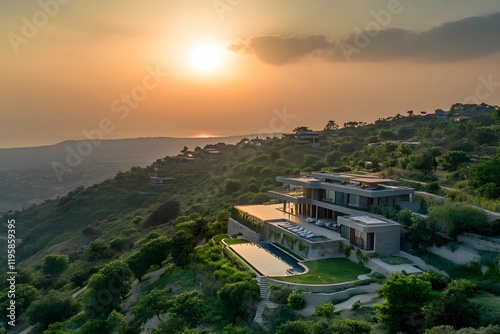 Luxury Hilltop Villa Sunset Ocean View Modern Architecture Design Estate Home Real Estate Property Aerial Photography Dramatic Golden Hour Landscape End High    photo