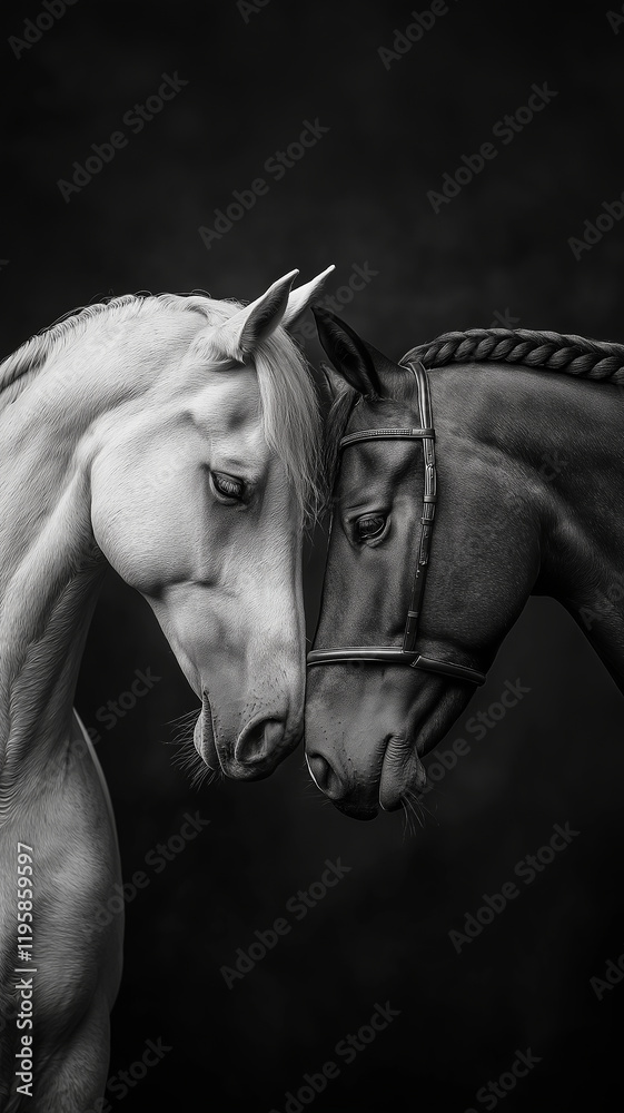 Obraz premium Two horses are standing next to each other, one white and one black