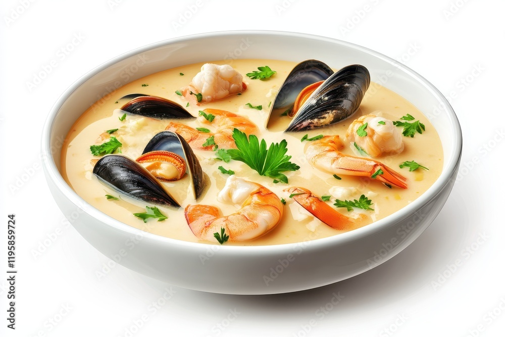 Delicious seafood chowder garnished with fresh herbs in a white bowl perfect for a cozy dinner Delicious seafood chowder garnished with fresh herbs in a white bowl perfect for a cozy dinner