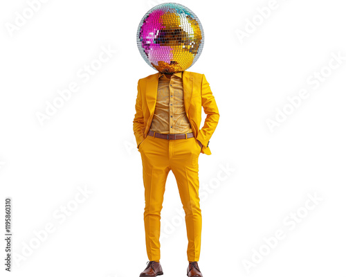 Isolated Man with Disco Ball Head in Yellow Suit