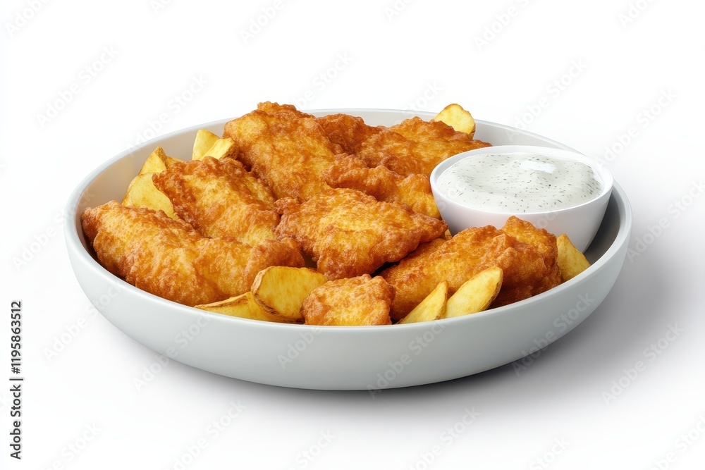 Crispy golden fish and chips served in a bowl with tartar sauce for a delightful seaside meal experience Crispy golden fish and chips served in a bowl with tartar sauce for a delightful seaside meal experience