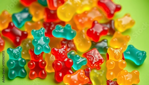 A vibrant assortment of gummy bears in assorted colors and shapes, isolated on a green screen background. Close-up view showcasing the glossy texture and playful shapes of these colorful candies, idea photo