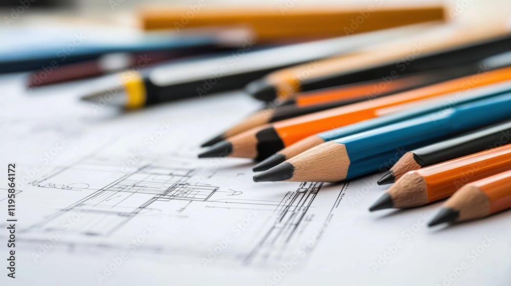 Collection of colorful pencils arranged on architectural blueprints for creative design and planning projects Collection of colorful pencils arranged on architectural blueprints for creative design and planning projects