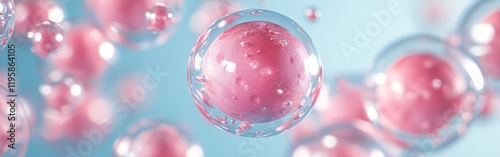 3D-rendered embryonic cells under a microscope, showcasing cellular structure with vivid pink hues and a soft blue background. Ideal for medical visuals.