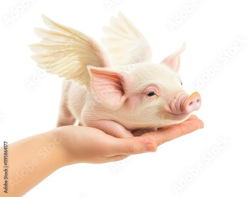 Isolated Piglet with Wings in a Hand photo