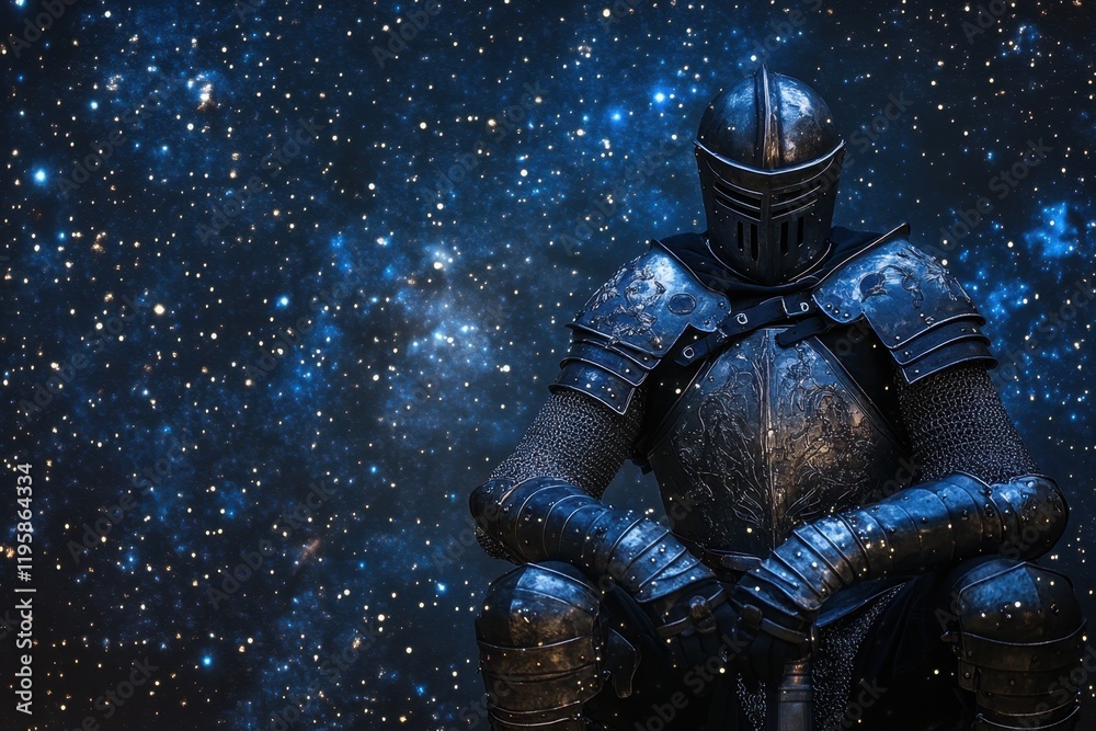Fototapeta premium Dark armored knight sitting in a cosmic setting under a starry sky at night